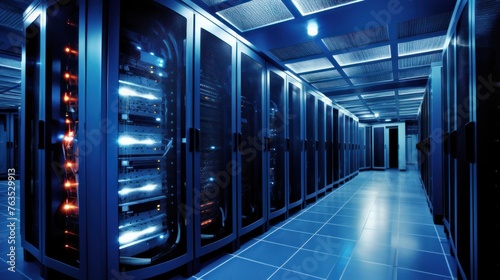 Depict a state of the art data center with rows of server racks, cooling systems, and redundant power supplies 
