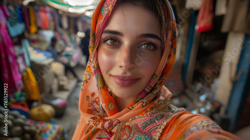 Young woman smiling in a market setting © SashaMagic