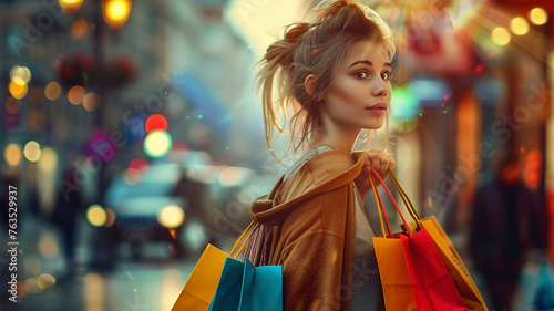 pretty young woman with shopping bags in the city, pretty woman portrait 