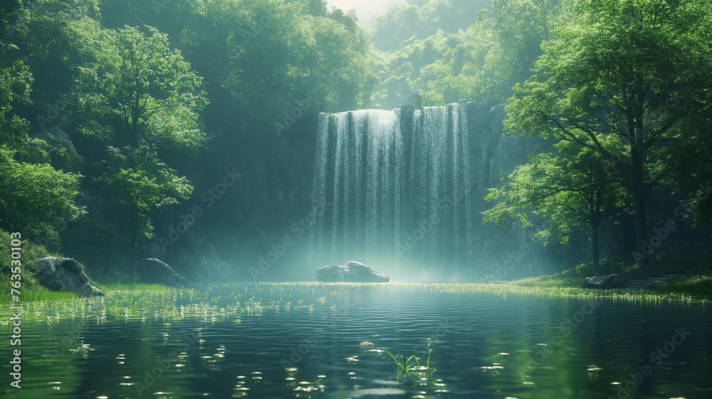 Serene Waterfall in Lush Green Forest - obrazy, fototapety, plakaty 