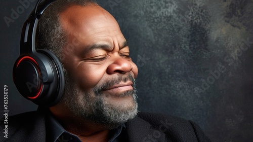Senior african american man wearing headphones, listening music. Ultraviolet background.