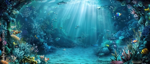 A beautiful underwater scene with many fish swimming around. The water is clear and the sun is shining brightly, creating a peaceful and serene atmosphere