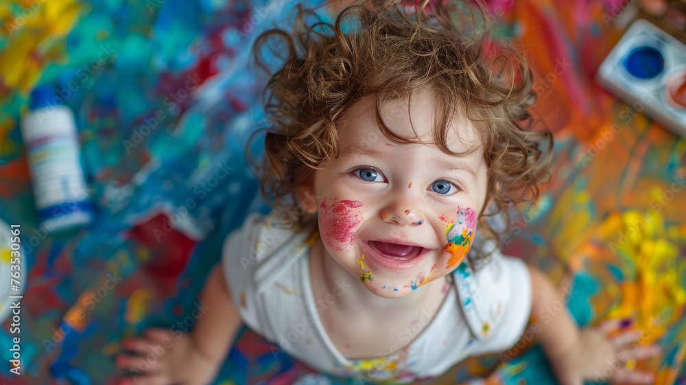 A toddler girl covered in paint smiling A toddler girl covered in paint smiling