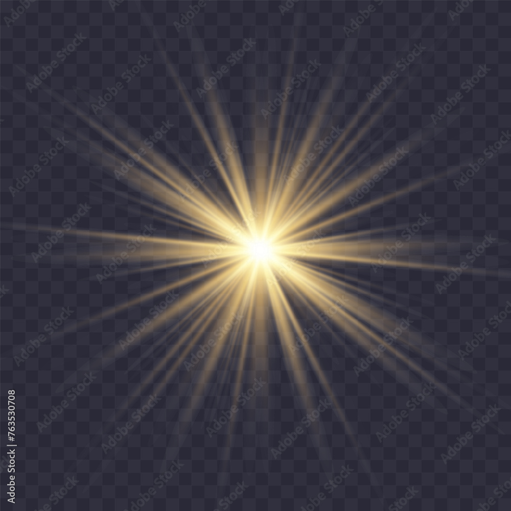 Glowing light explodes, light flash golden color. Beam of the shining sun. Special glare light effect. Bright flash.