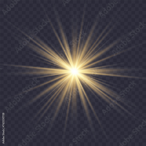 Glowing light explodes, light flash golden color. Beam of the shining sun. Special glare light effect. Bright flash.
