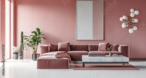 Modern Home Design. Cozy Pink Living Room Interior Design Featuring Stylish Sofa  Coffee Table  Flower  Mock-Up Poster  Carpet  Decorations  Pillows  chair  and Personal Accessor. Template 