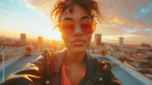 Young woman taking a selfie at sunset
