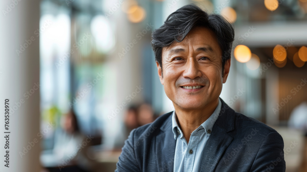 Portrait of a happy smiling handsome professional Asian Japanese businessman manager standing in his modern business company office. Portrait of a happy smiling handsome professional Asian Japanese businessman manager standing in his modern business company office.