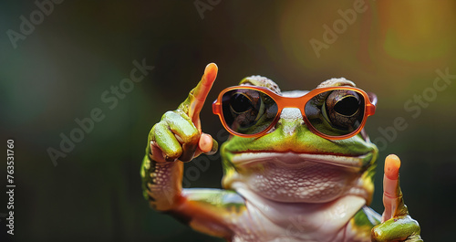 A frog wearing sunglasses and thumbs up. a frog looking dumb pointing fingers, wearing sunglasses. web banner funny birthday party card invitation photo