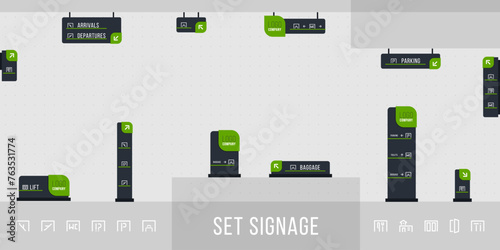 external and internal signs. Direction, pole, wall mount and road signage template design system. empty space for logo, text, corporate identity color