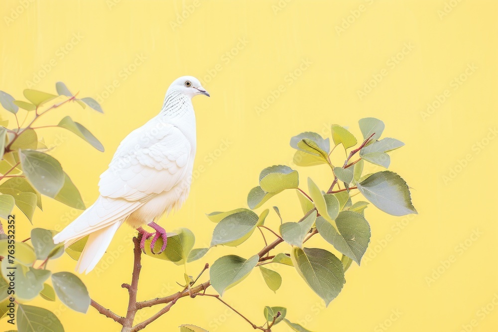Fototapeta premium A white dove perched on a branch of a tree. With yellow background