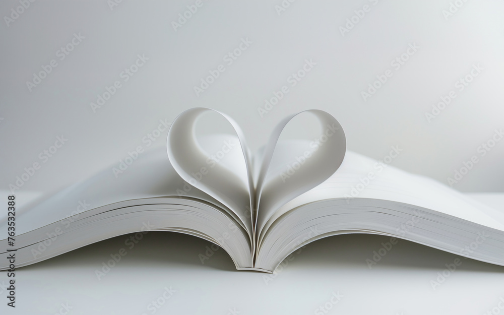 Open book with pages folded into a heart shape against minimalist white background. Love for reading and literature concept. Banner for World Book Day event with copy space. Open book with pages folded into a heart shape against minimalist white background. Love for reading and literature concept. Banner for World Book Day event with copy space.