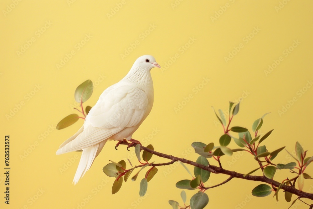 Obraz premium A white dove perched on a branch of a tree. The bird is looking up at the sky