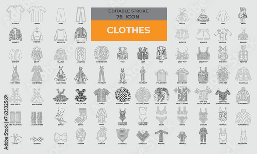76 Stroke Icons for Clothes set in line style. Excellent icons collection. Vector illustration.