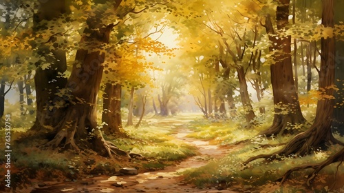 Tranquil Forest Glow  A Serene Woodland Scene in Golden Sunlight