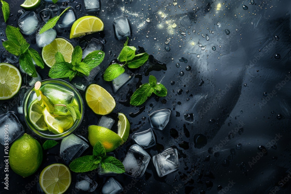 Mojito cocktail, lime wedges with mint and ice cubes, on a dark background Mojito cocktail, lime wedges with mint and ice cubes, on a dark background