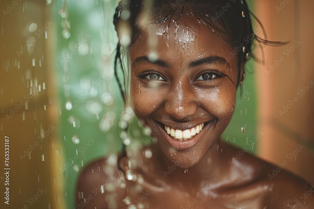 portrait of beautiful black woman taking a shower