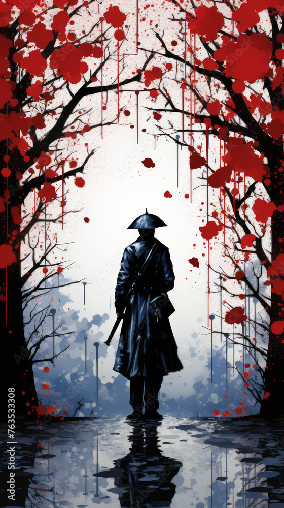 Solitary Figure Under Red Blossoms Archway

