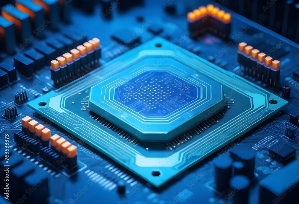 Close-up of a computer motherboard with a central processing unit glowing with a holographic pattern Close-up of a computer motherboard with a central processing unit glowing with a holographic pattern