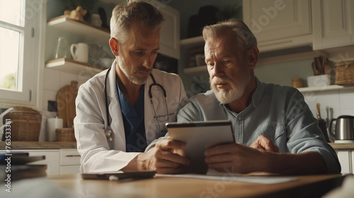 A focused young doctor and his older patient review medical records on a digital tablet together, the room's natural light casting gentle shadows across the table