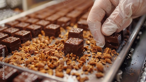 Person in White Gloves Picking Chocolates From Conveyor Belt