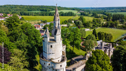 Aerial view over the Dungeon of Septmonts in Aisne, Picardie, France - Built in the 14th century, this medieval tower was used both for military and residential purposes