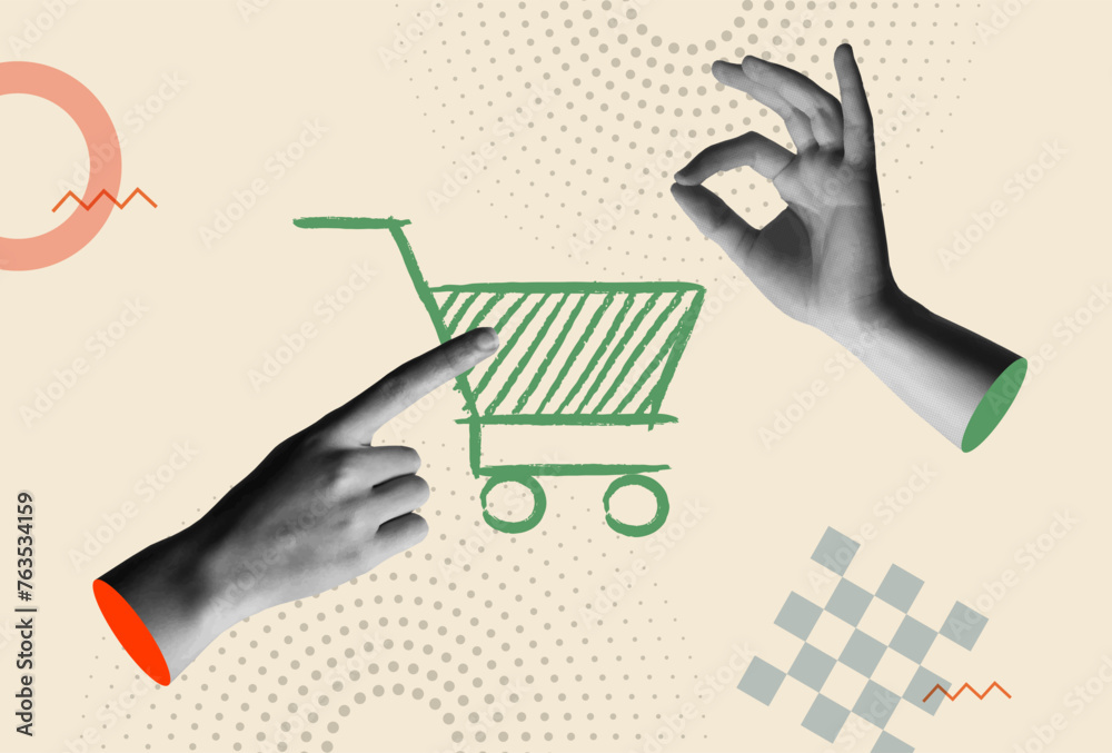 Shopping cart icon and human hands in retro collage vector illustration - obrazy, fototapety, plakaty 
