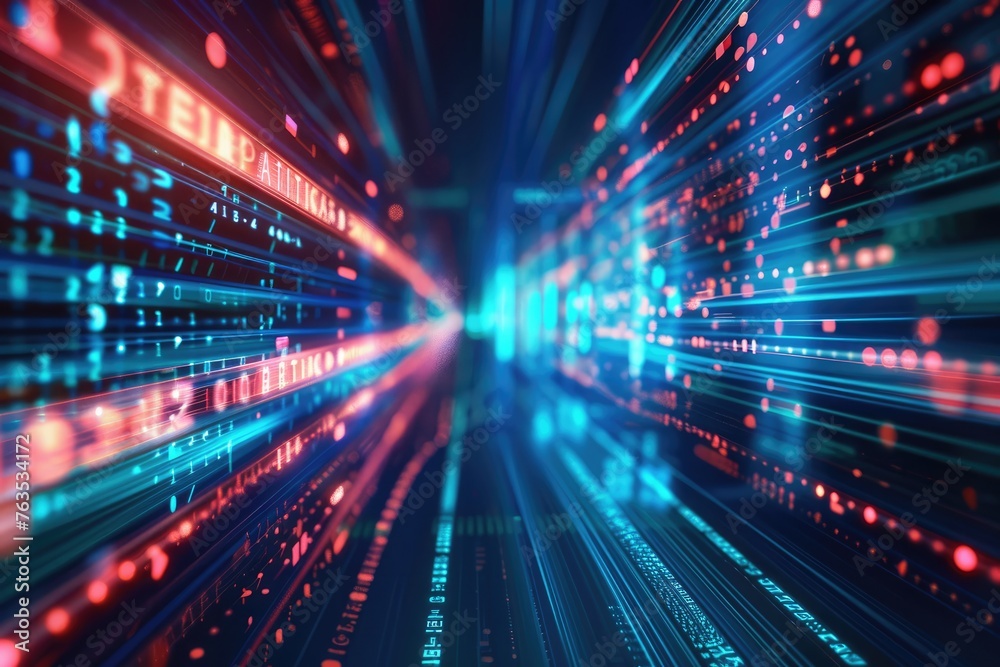 Abstract technology background depicting high-speed global data transfer, ultra-fast broadband, and connection. This image conveys the concept of digital cyber tech motion.