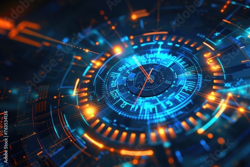 Abstract futuristic illustration of a time clock hand and digital clock face, symbolizing digital transformation in technology. 