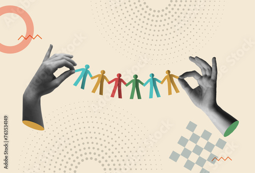 People holding hands in 80s retro collage vector illustration