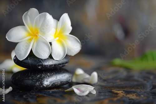 A bouquet of white flowers sits on top of two black stones. The flowers are surrounded by a few petals, and the stones are placed on a dark surface. Concept of calm and serenity