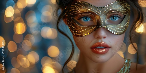 Woman Wearing Gold Mask With Blue Eyes