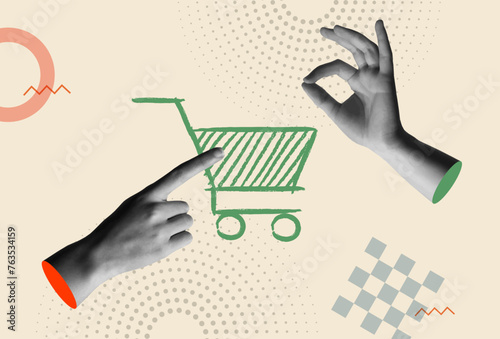 Shopping cart icon and human hands in retro collage vector illustration