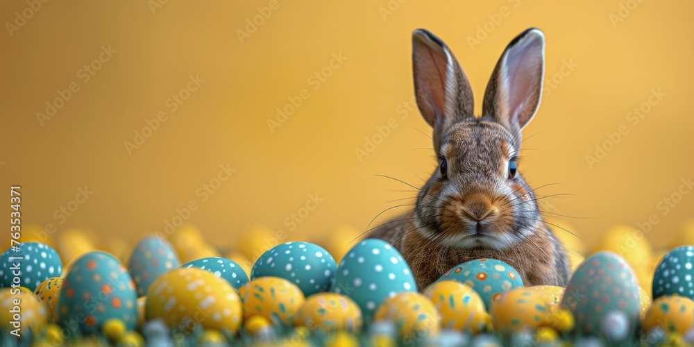 Fototapeta premium Rabbit Sitting in a Field of Colorful Eggs
