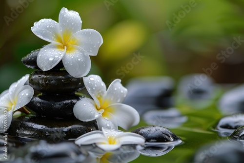 A bouquet of white flowers is placed on top of a stack of black stones. The flowers are surrounded by water, creating a serene and calming atmosphere. The combination of the delicate flowers