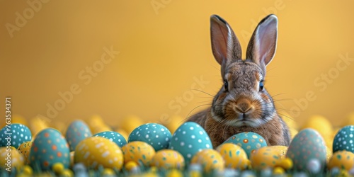 Rabbit Sitting in a Field of Colorful Eggs