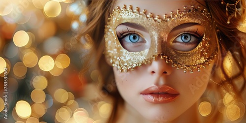 Woman Wearing Gold Mask With Blue Eyes