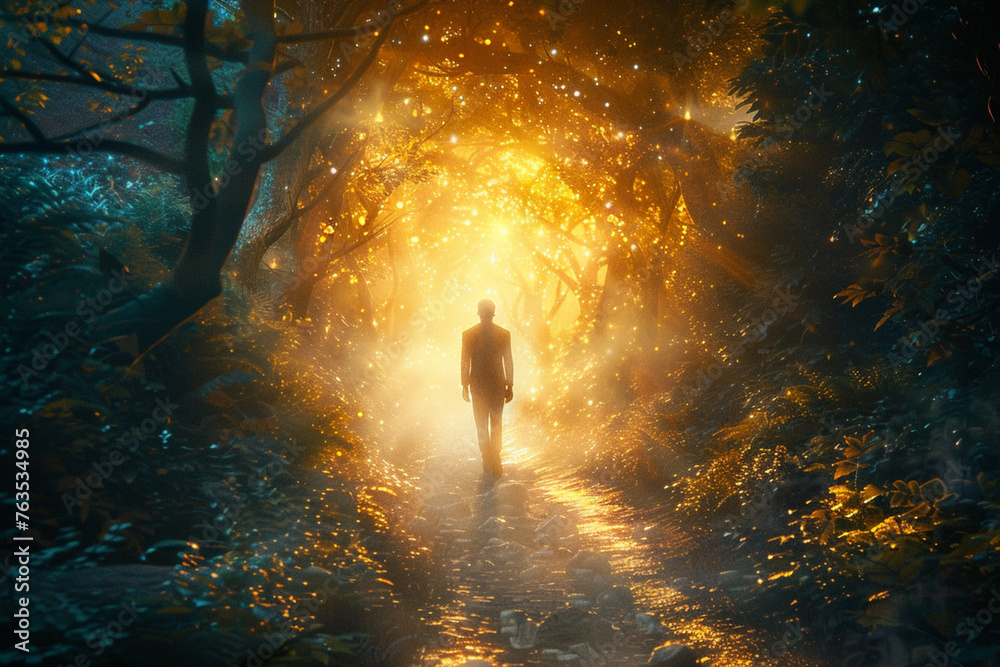 A man with Beautiful glimmering light guiding the path of dreams foot path through a fairy tale woodland leading to a bright eternal light, dream world surrealism