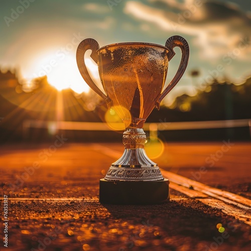 A tennis trophy standing in front of an tennis court, sunny day photo