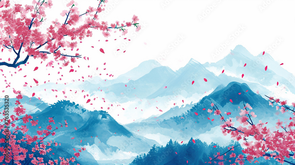 Sakura in blossom and blue mountains on white background. Generative Ai