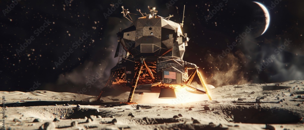 A space shuttle is on the moon with a fire on it