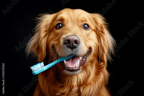 A dog holds a toothbrush in his teeth on a black background. Concept of healthy teeth. photo