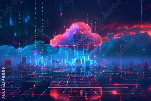 cloud technology banner with low poly cityscape and binary code on dark blue background big data visualization concept with polygonal clouds Generative AI © sean