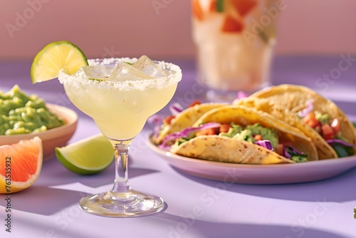 Classic margarita cocktail with tacos and guacamole. Cinco De Mayo celebration. Mexican culture concept. Design for banner, poster 