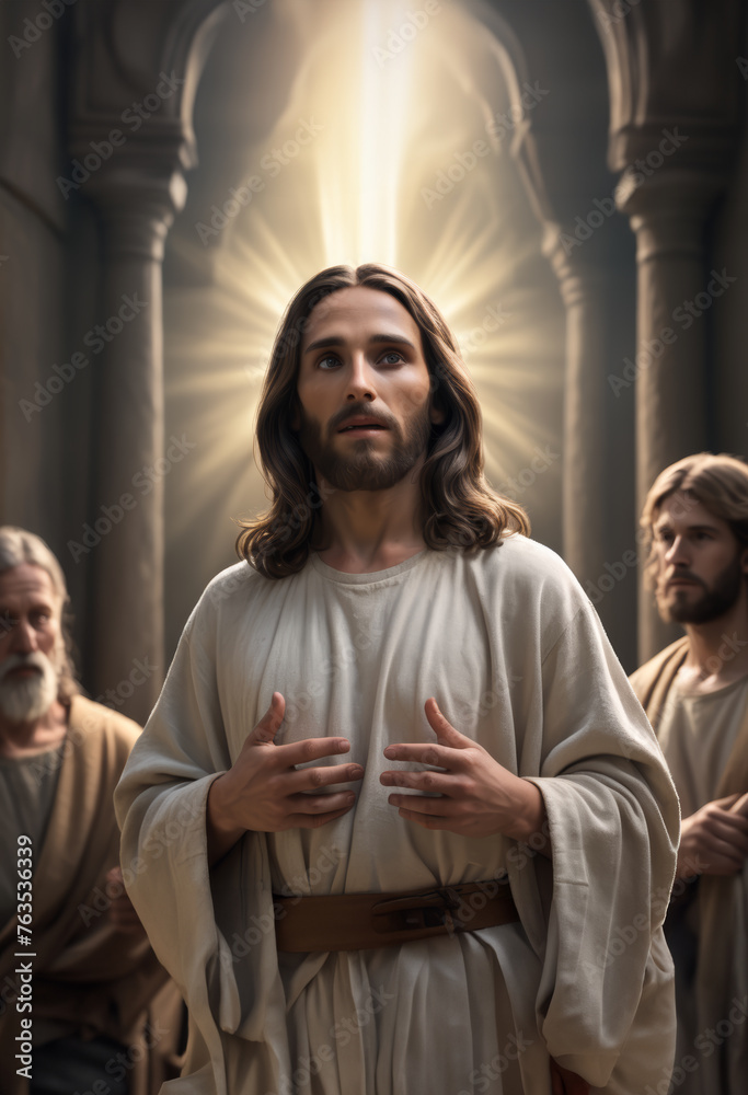 Naklejka premium A visual representation of Jesus with two of his disciples