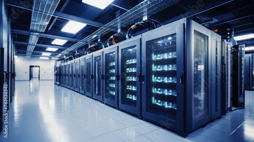 Depict a state of the art data center with rows of server racks, cooling systems, and redundant power supplies