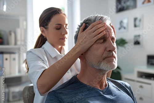 Man suffering from head injury and vertigo stroke photo