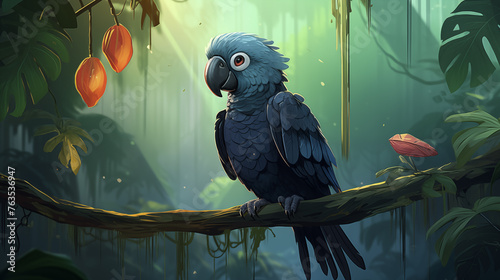 Papagaio preto na floresta - Ilustração Infantil