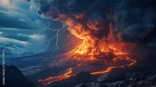A breathtaking scene of a volcanic eruption with lightning, showcasing nature's fury as lava meets storm clouds.