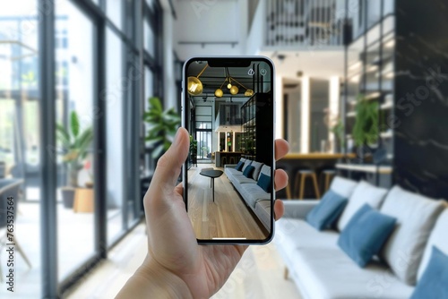 Augmented reality mobile phone app mockup on AR device